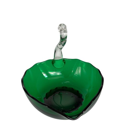 Vintage Green Glass Swan Bowl Clear Neck Jewelry Box Nut & Candy Home Decor - Picture 2 of 10